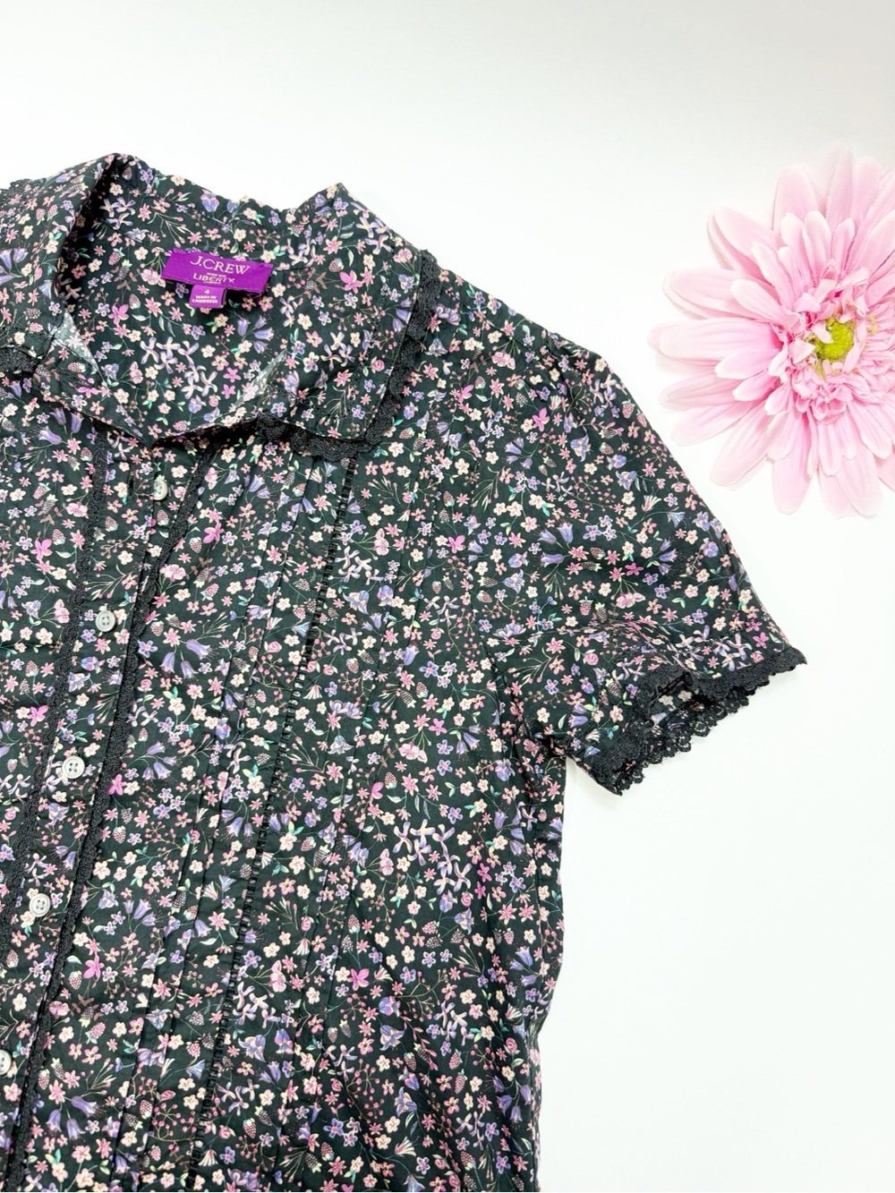 J. Crew X Liberty Lace-Trim Button-Up Shirt Liberty Fabric Strawberry Floral Top - Picture 6 of 12